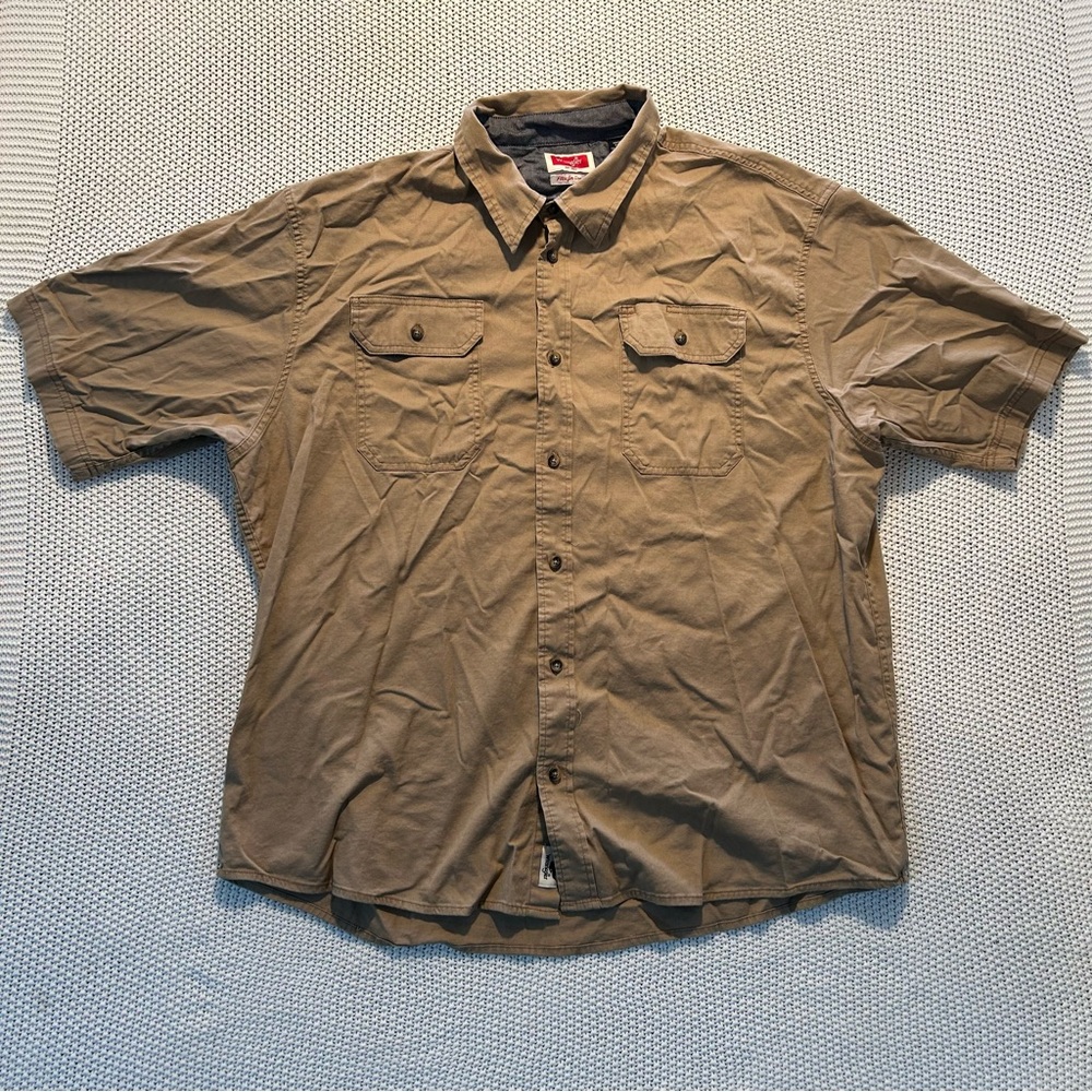 Y2K Wrangler Utility Work Brown Button-Up Shirt 2XL With Measurements